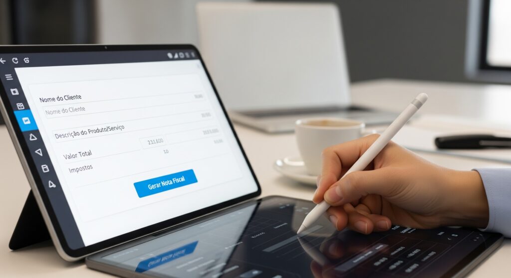 Pessoa usando um iPad Pro para gerar nota fiscal eletrônica, com tela exibindo formulário de cadastro de cliente e detalhes de produto/serviço.