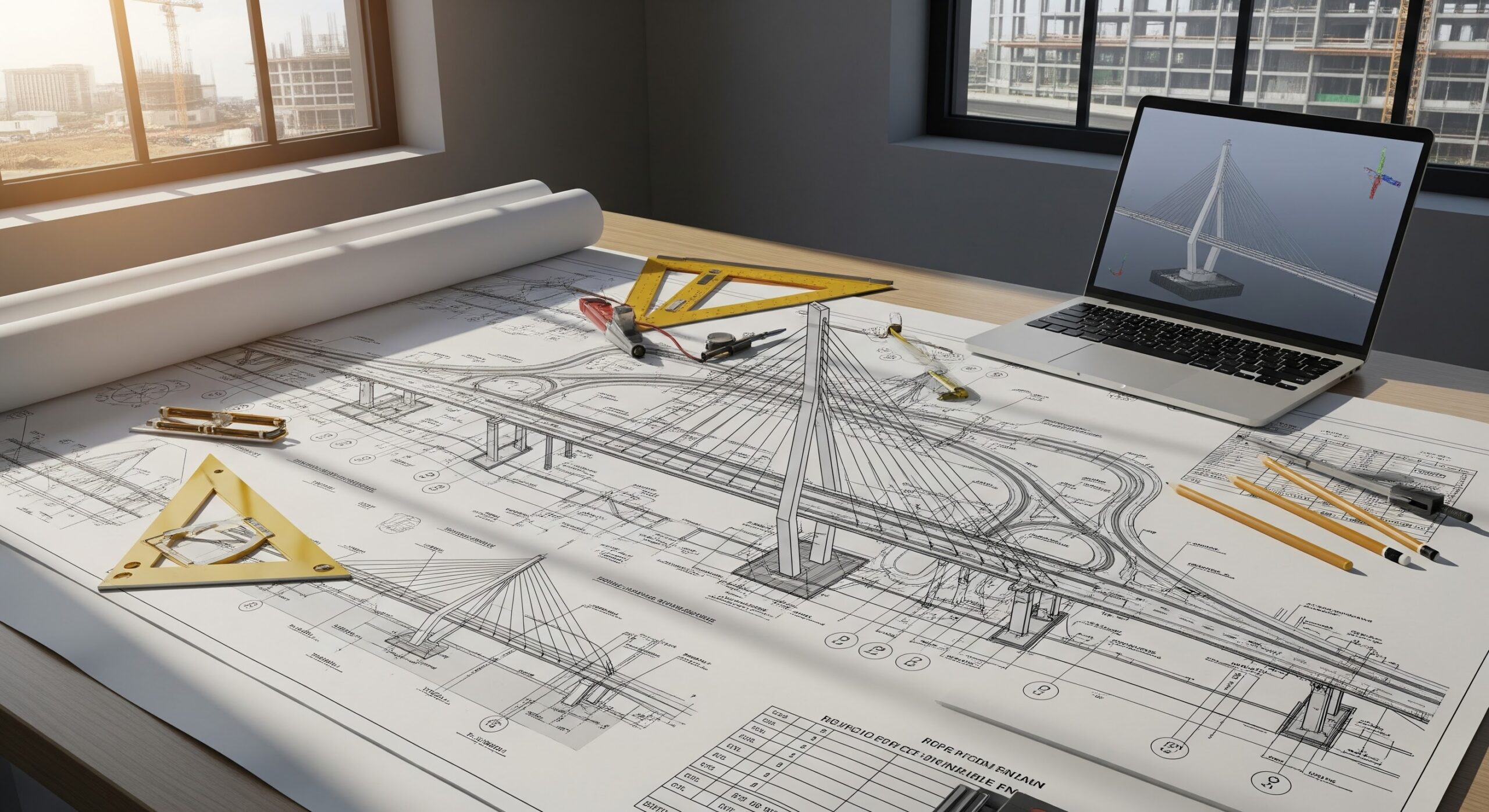 Imagem de um projeto de ponte em fase de planejamento com instrumentos de desenho técnico, régua, esquadros, computador portátil e planta arquitetônica sobre uma mesa de estudos. Ideal para execução de obras de engenharia civil e construção de pontes.